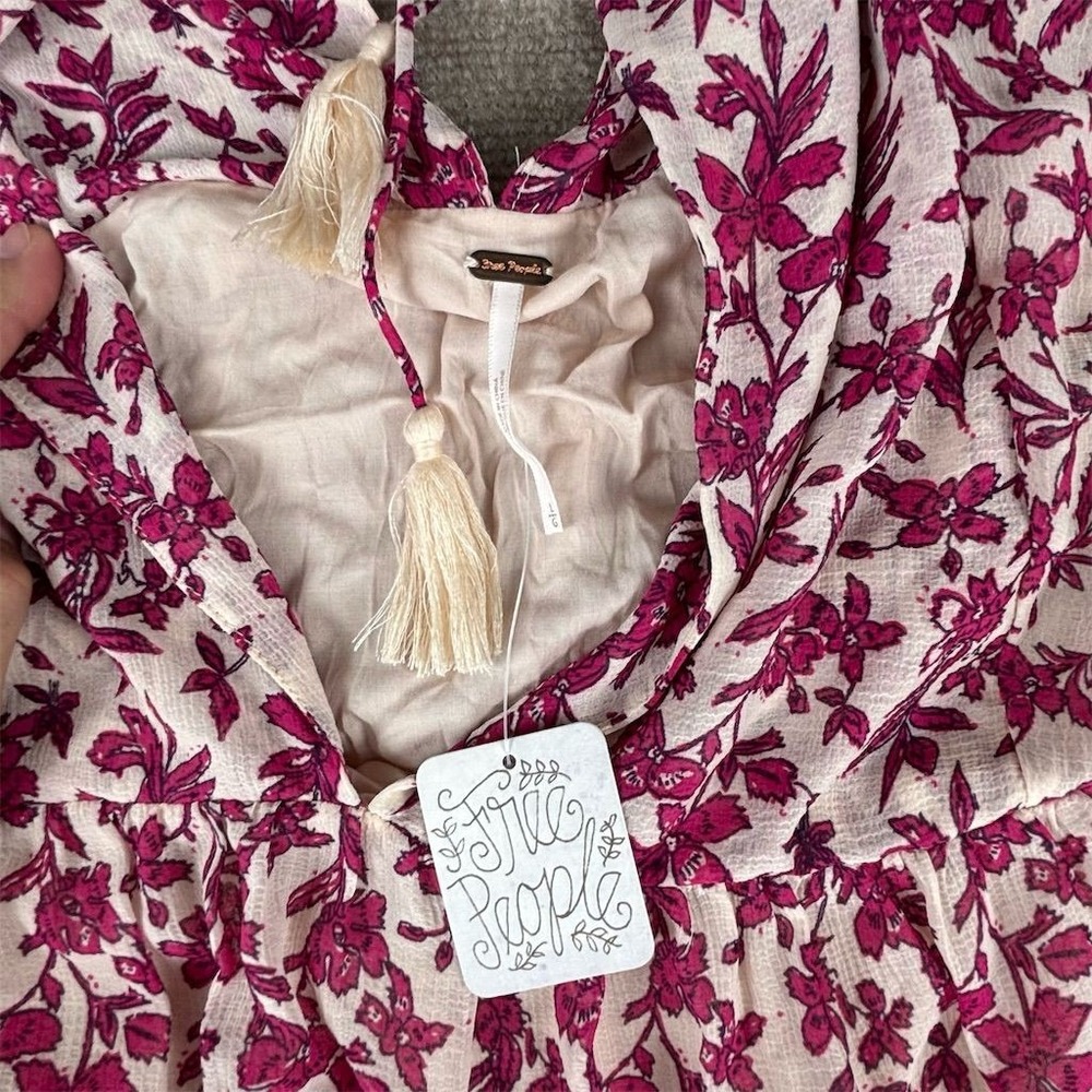 Free People Women's L Pink Floral Tie-Front Midi Dress Bohemian Style - Picture 3 of 7